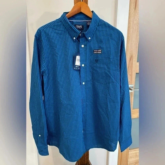 Chaps Classic Dark Blue Mens Long Sleeve Collared Button Gingham Shirt XL NWT - Picture 3 of 13